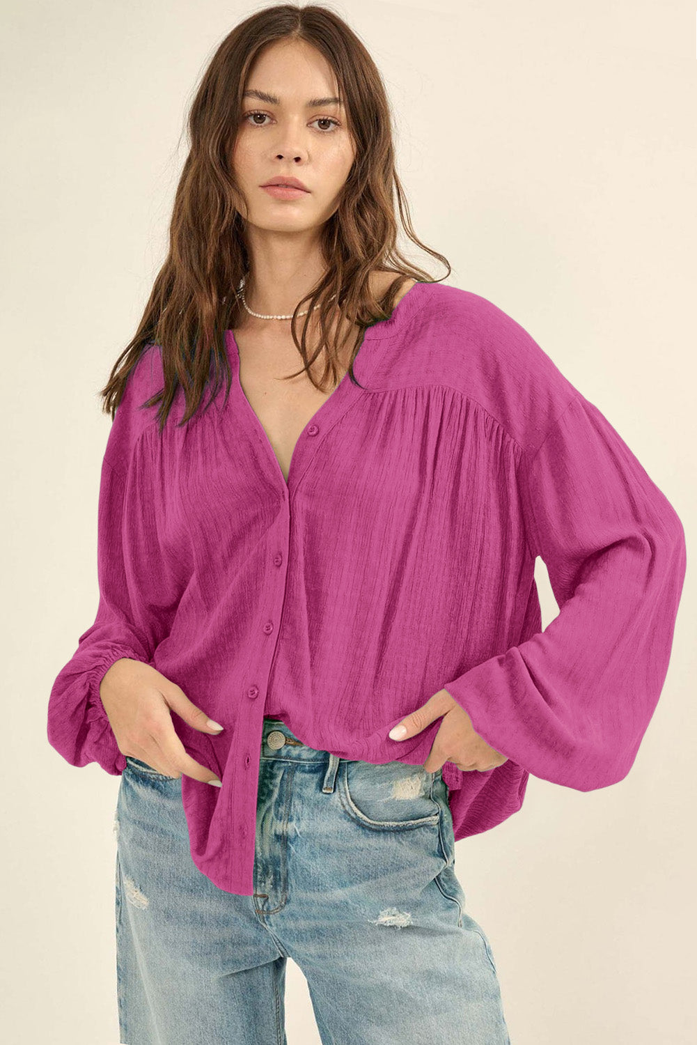 Solid Color Jacquard Puff Sleeve Button up Shirt