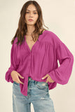 Solid Color Jacquard Puff Sleeve Button up Shirt