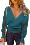 Sexy V Neck Surplice Hollow-out Sweater with Lace Sleeves