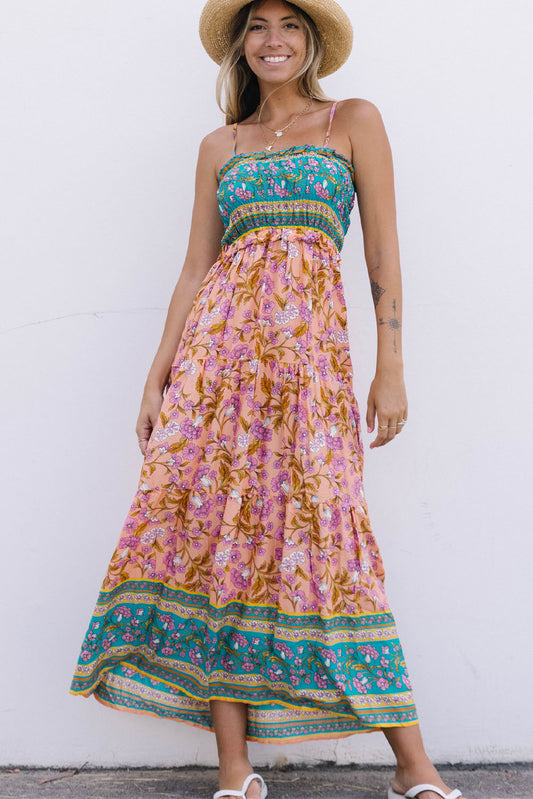 Floral Print Bodice Spaghetti Strap Maxi Dress