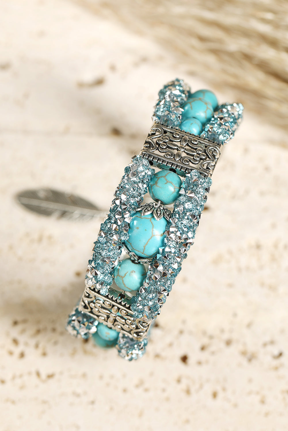 Western Turquoise Beads Rhinestone Carved Bracelet