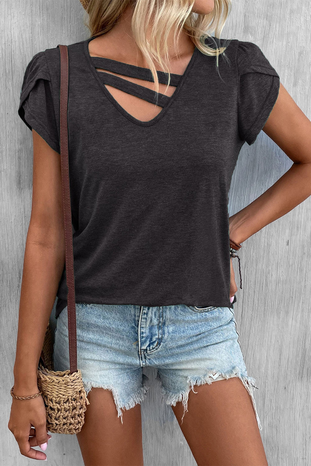 Strappy V Neck Overlap Short Sleeve Top