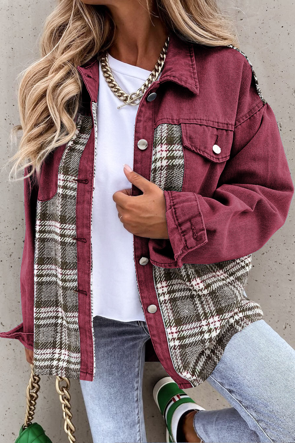 Brown Plaid Patchwork Pockets Denim Jacket