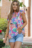 Floral Print Flutter Sleeves Smocked Neck Blouse