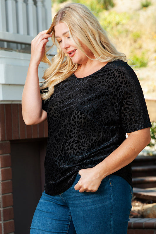 Plus Size Leopard Emboss V Neck Top