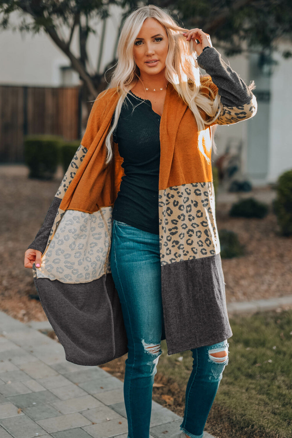 Colorblock Leopard Print Patchwork Knit Cardigan