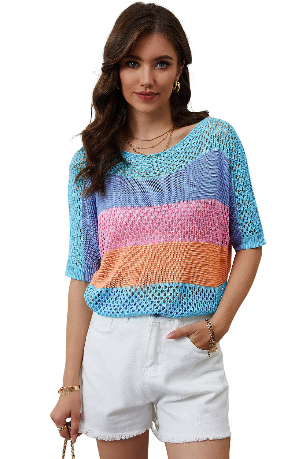 Knitted Eyelet Colorblock Striped Half Sleeves Top