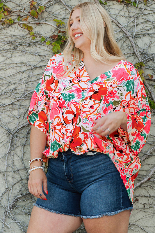 Plus Size Floral Print Kimono Sleeve Shirt