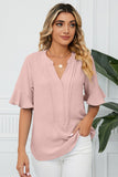 Ruffled Bracelet Sleeve V-Neck Pleated Blouse