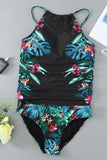 Leaf & Flower Print Ruched Tankini Set