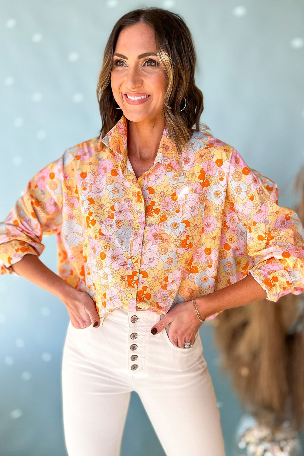 Floral Print Turn Down Collar Loose Shirt