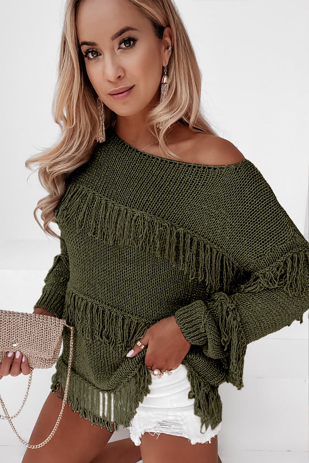 Pull tricoté à glands Boho vert