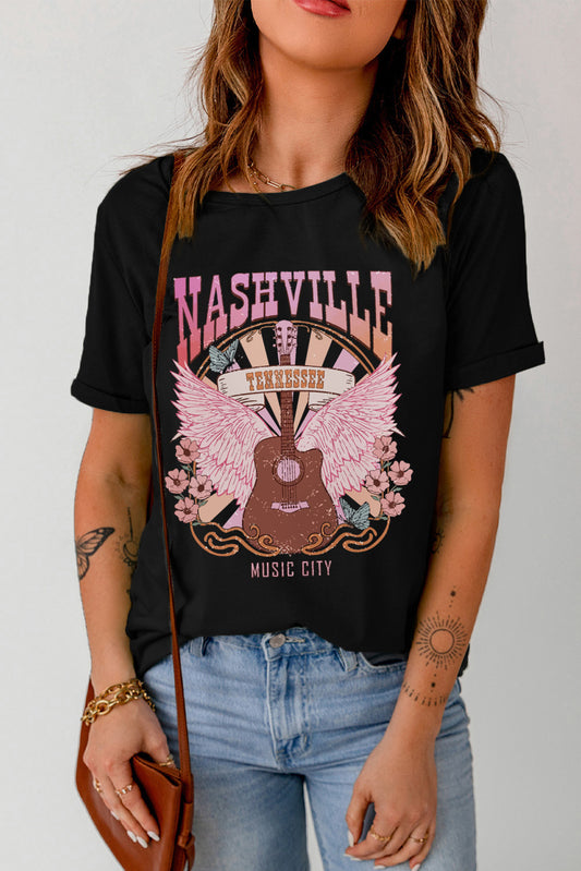 Haut noir à manches courtes à imprimé graphique NASHVILLE Music City 