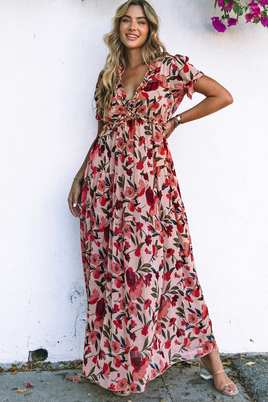 Robe longue à imprimé floral et volants à col en V et manches courtes rouge