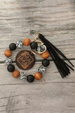 Leopard Wood Bead Bracelet Tassel Keychain