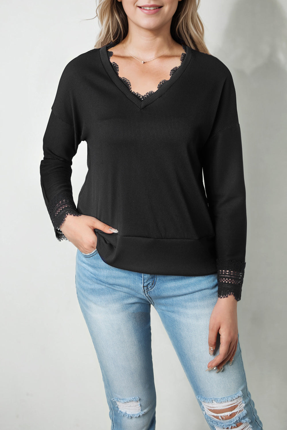 Ribbed Texture Lace Trim V Neck Long Sleeve Top