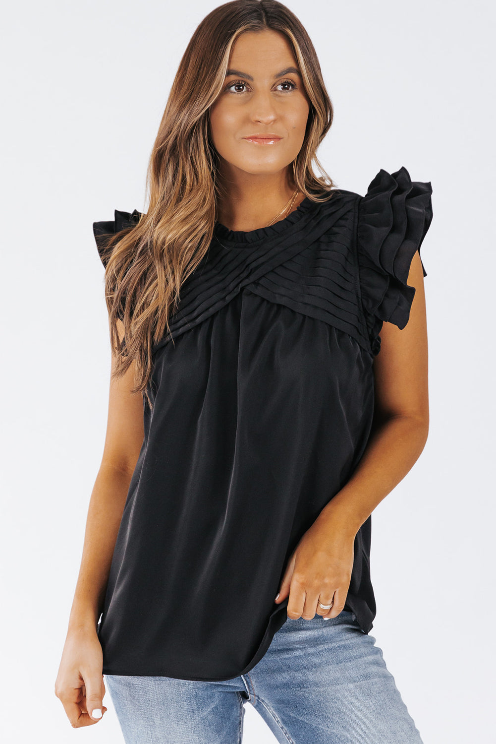 Ruffle Sleeve Pleated Yoke Loose Top