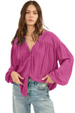 Solid Color Jacquard Puff Sleeve Button up Shirt