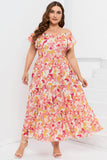 Floral Print Shirred Ruffled Sleeveless Plus Size Dress