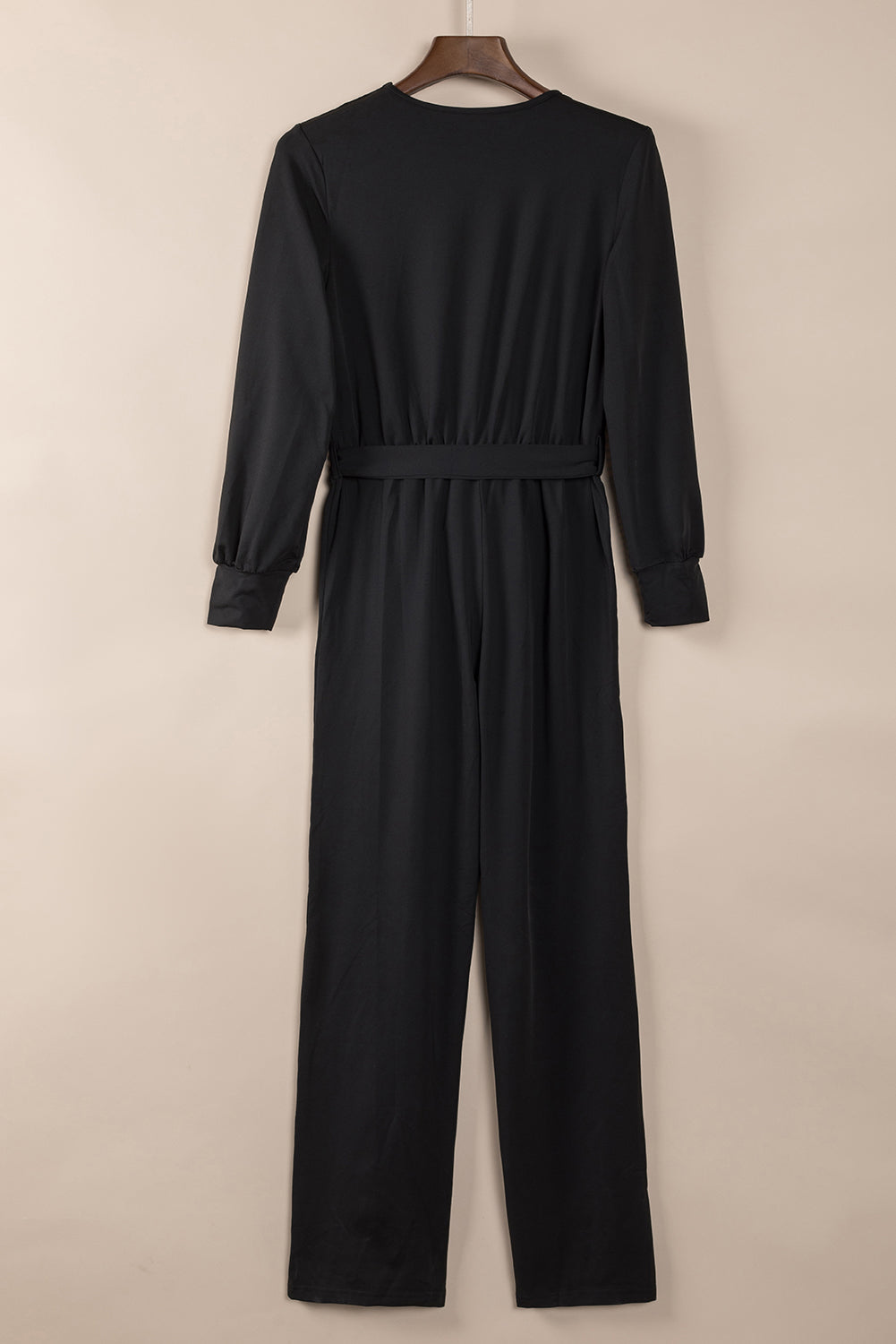 V Neck Wrap Waist Tie Long Sleeve Jumpsuit