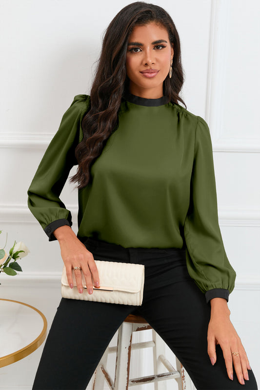 Color Block Bow Back Mock Neck Blouse