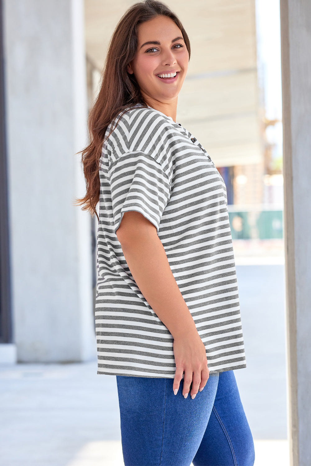 Plus Size Striped Short Sleeve Henley Tee