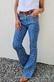 Sky Blue Leopard Print Raw Hem High Waist Flare Jeans