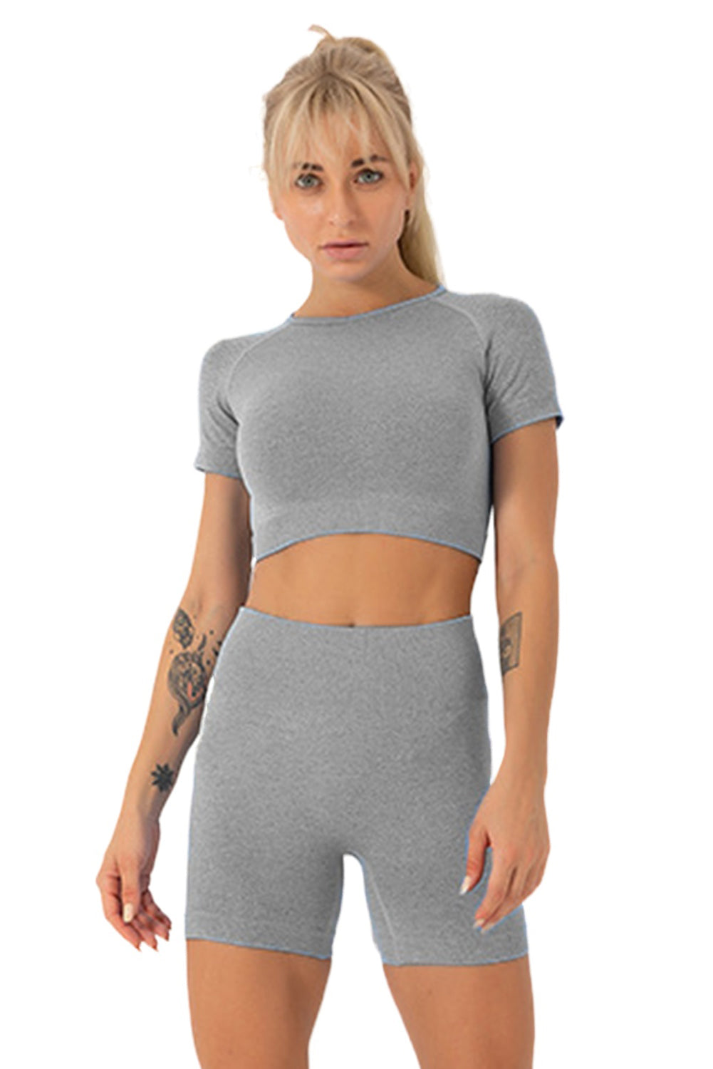 Solid Crop Top and High Waist Shorts Yoga Set