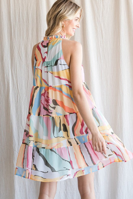 Abstract Print Sleeveless Tiered Flowy Dress