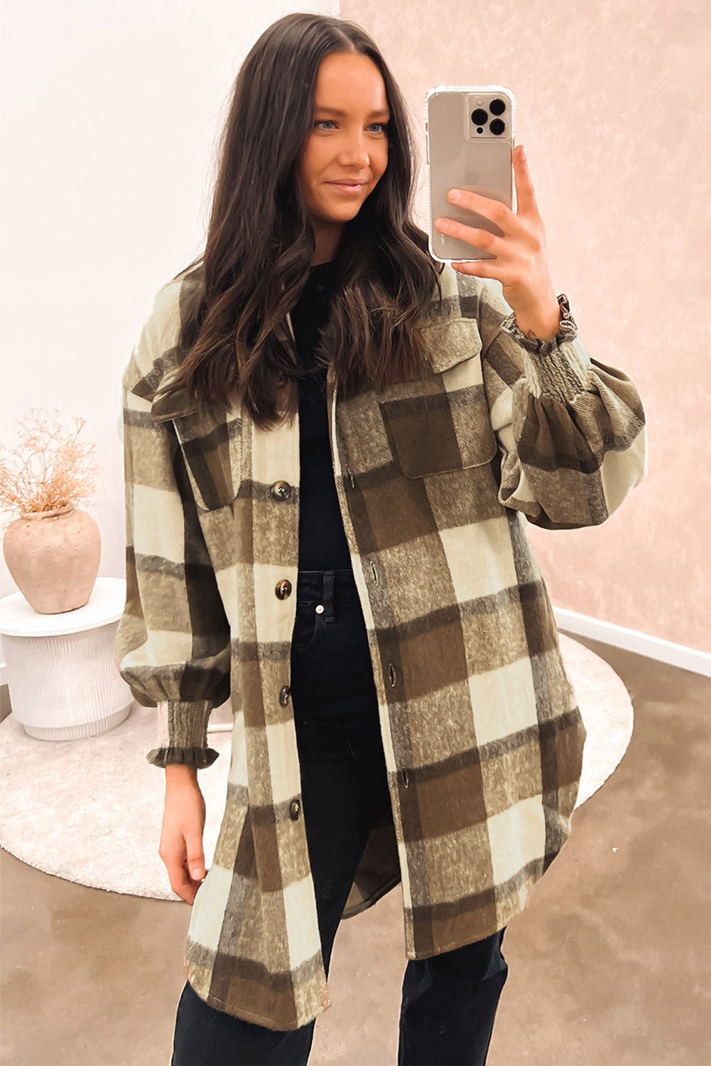 Plaid Flap Pocket Smocked Cuff Shacket