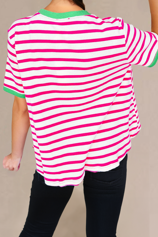Rose Stripe Contrast Trim Crew Neck Loose Short Sleeve Top