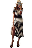 Stripe Print V Neck Maxi Dress with Side Splits