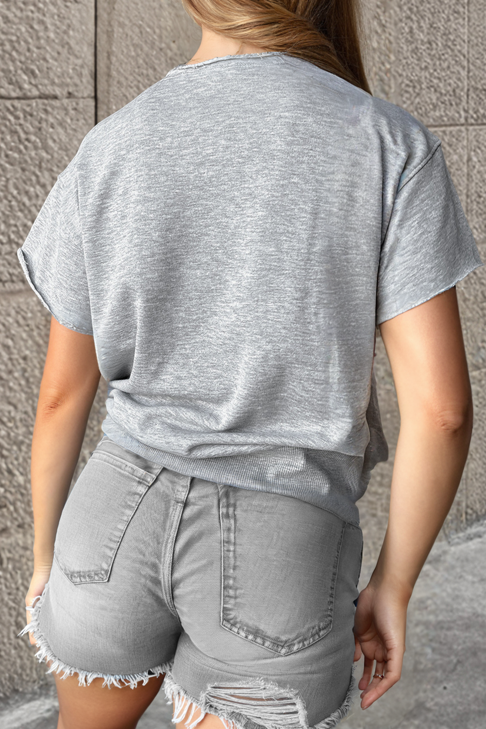 Light Grey USA Lettering Patch Notched Neck Loose Tee