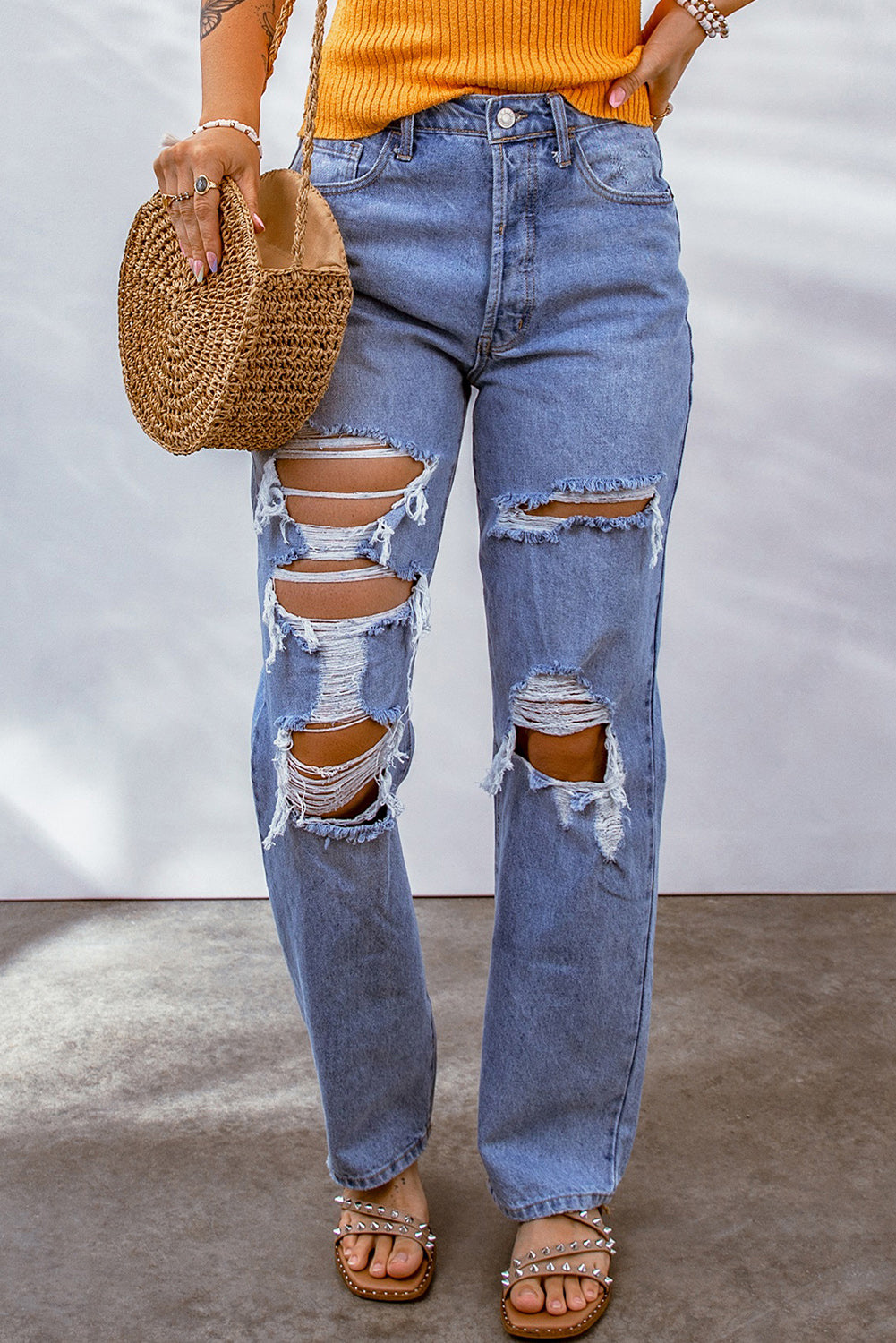 Heavy Destroyed Big Hole Boyfriend Jeans