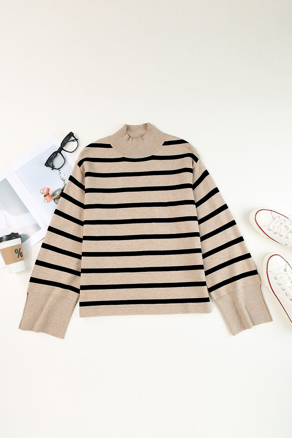 Striped Mock Neck Bell Sleeve Knit Sweater