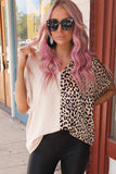 Leopard Color Block Roll Tab Sleeve V Neck Top