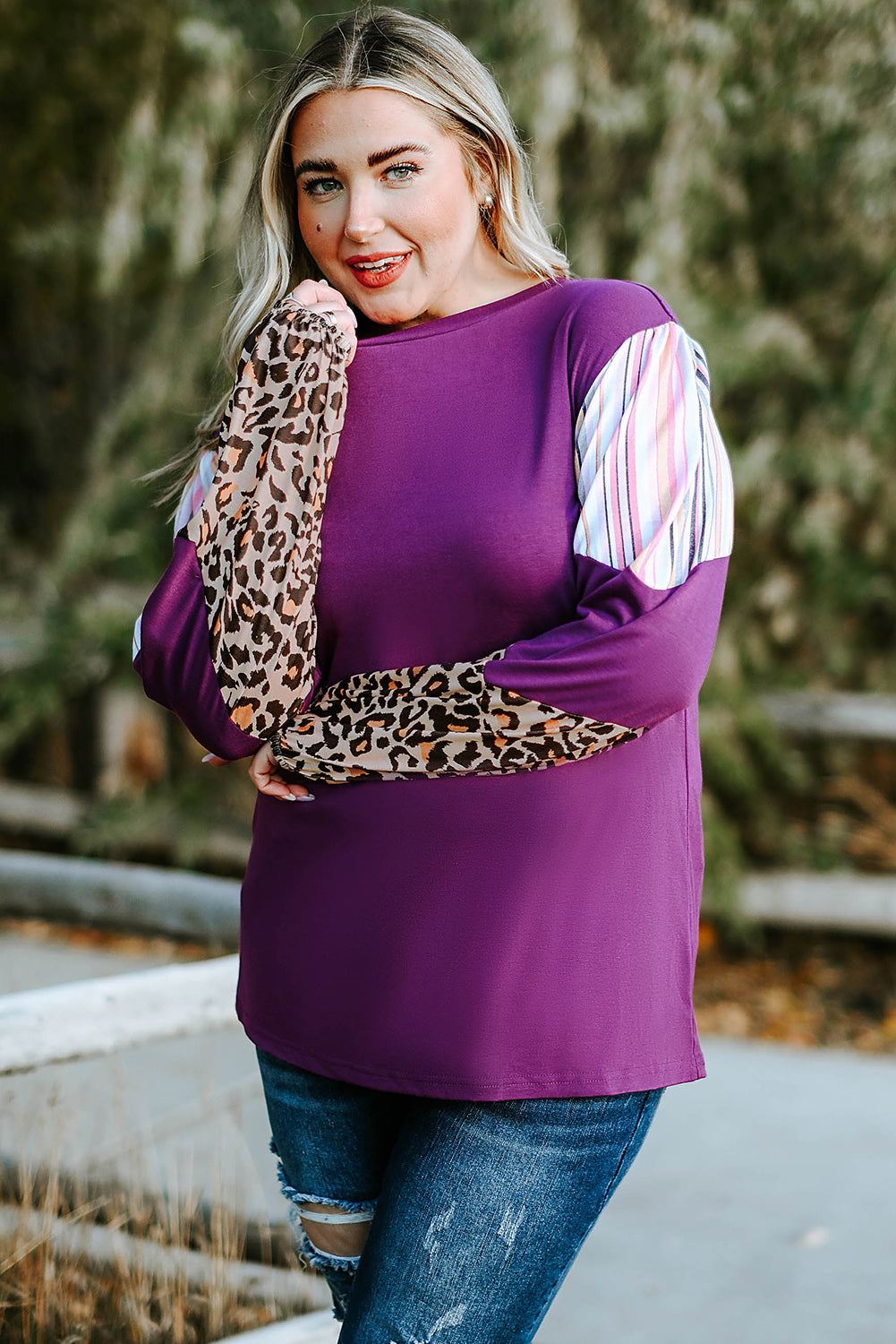 Leopard Striped Color Block Plus Size Top