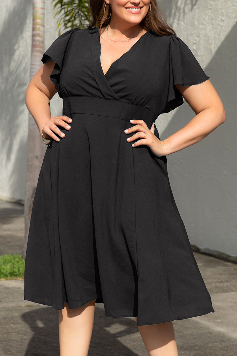 Plus Size Flutter Sleeve V Neck Midi Dress