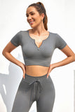 Zipped Notch Short Sleeve Ribbed Yoga Top