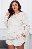 White Plush Star Pattern Long Sleeve Pullover and Shorts Lounge Set