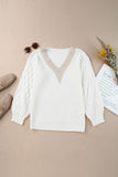 Cable Puff Sleeve Lace V Neck Sweater