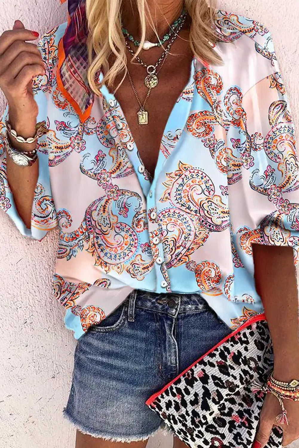 Boho Paisley Print Lantern Sleeve Button-Down Shirt