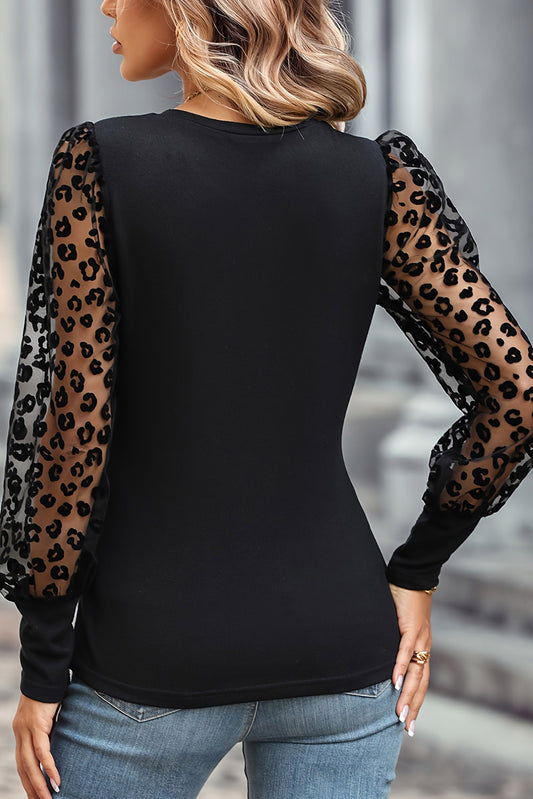 Leopard Mesh Puff Sleeve Patchwork Slim Fit Top