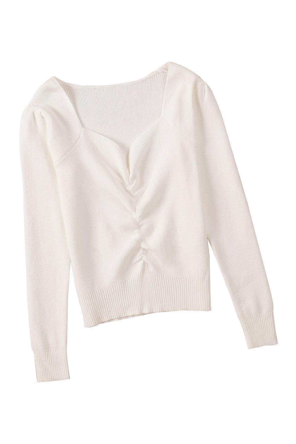 Pull en tricot côtelé beige à encolure en cœur froncé