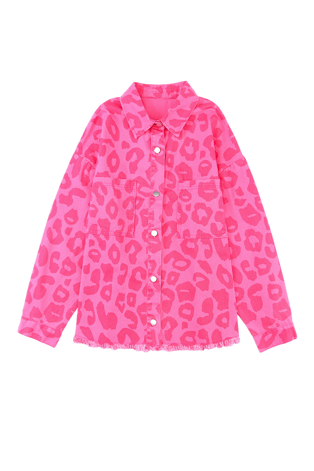 Plus Size Leopard Print Button Cuffs Raw Hem Jacket