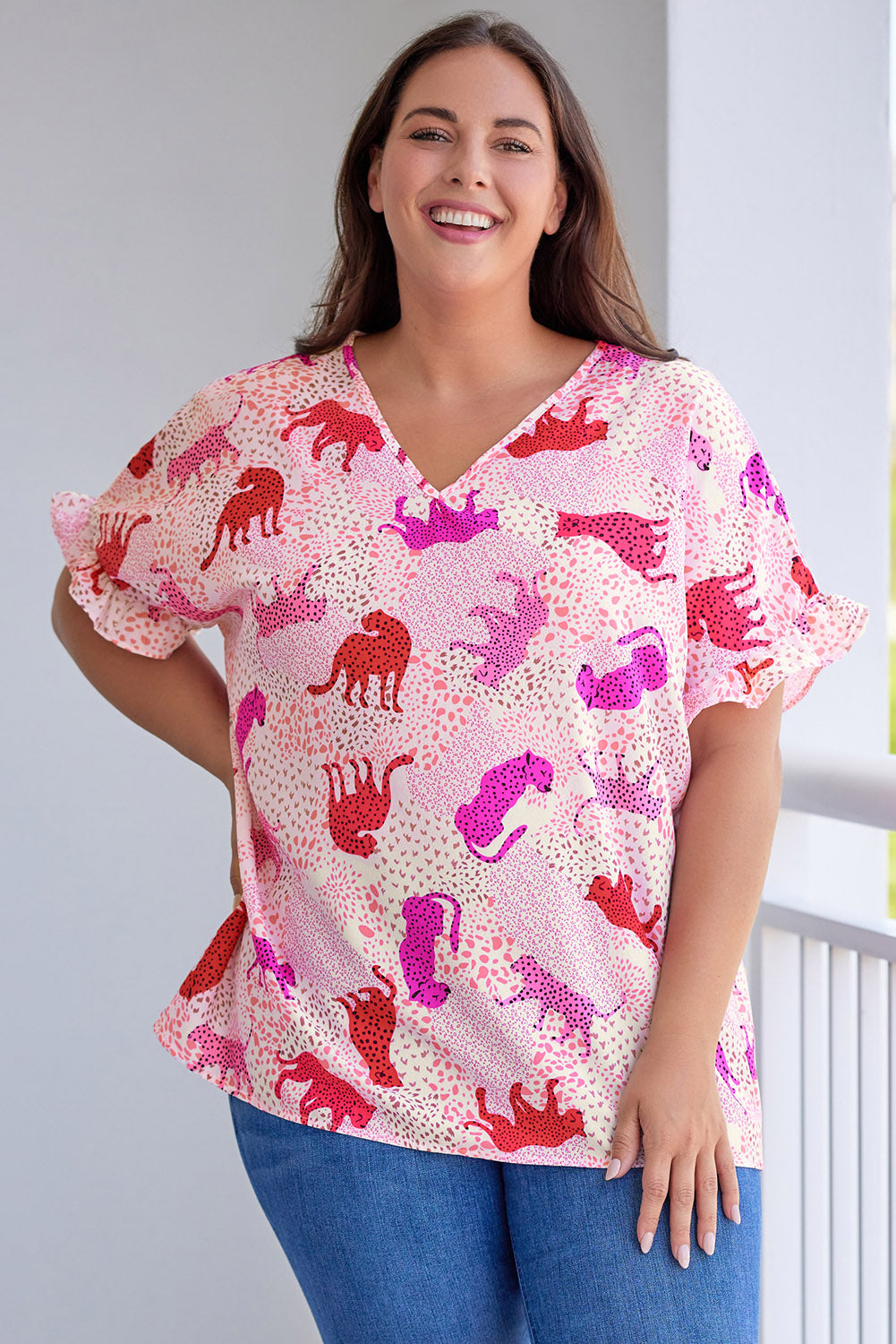 Plus Size Jaguar Print Ruffled Short Sleeves Top