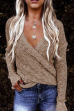 Khaki Wrap V Neck Waffle Sweater