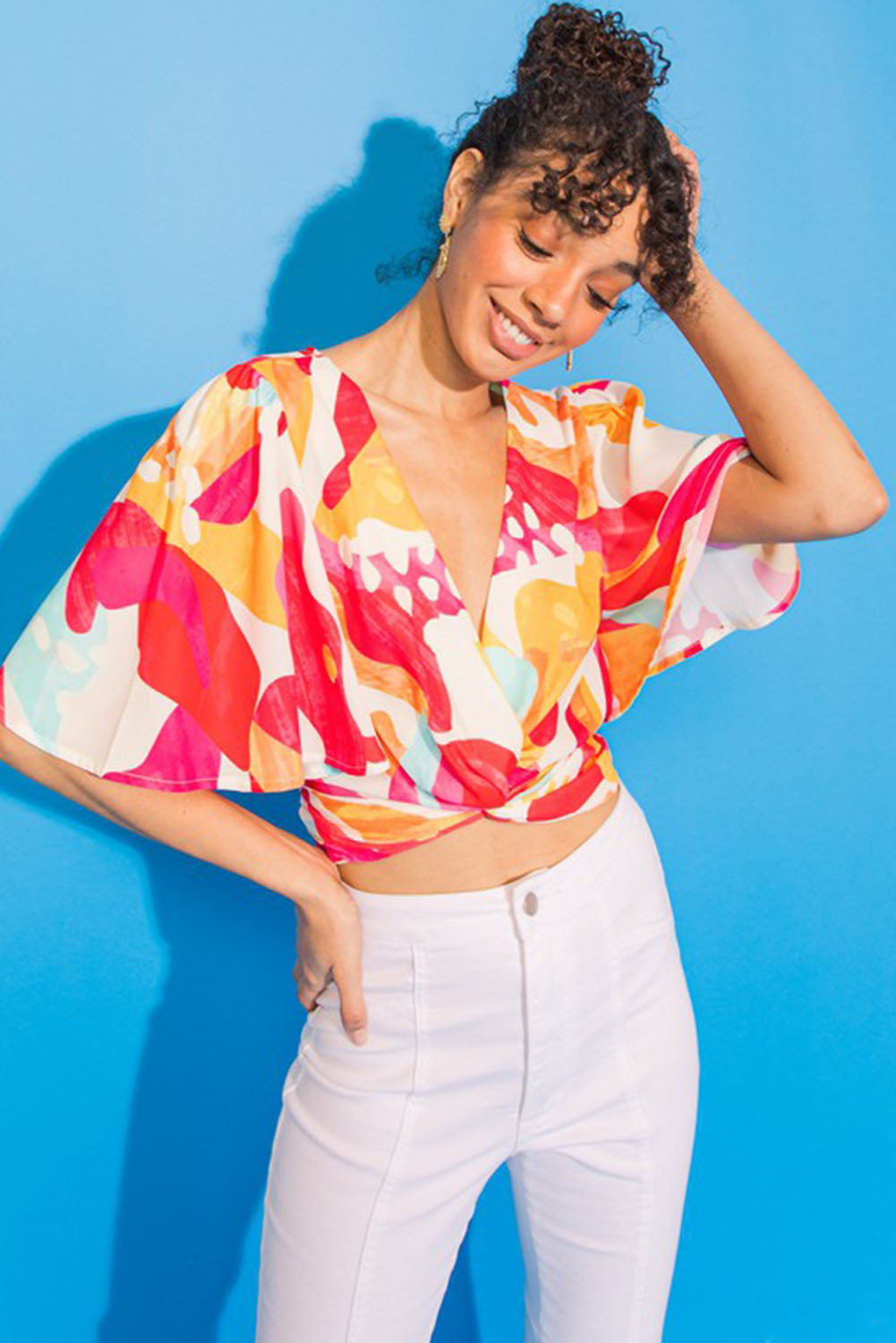 Abstract Print V Neck Twist Front Cropped Blouse