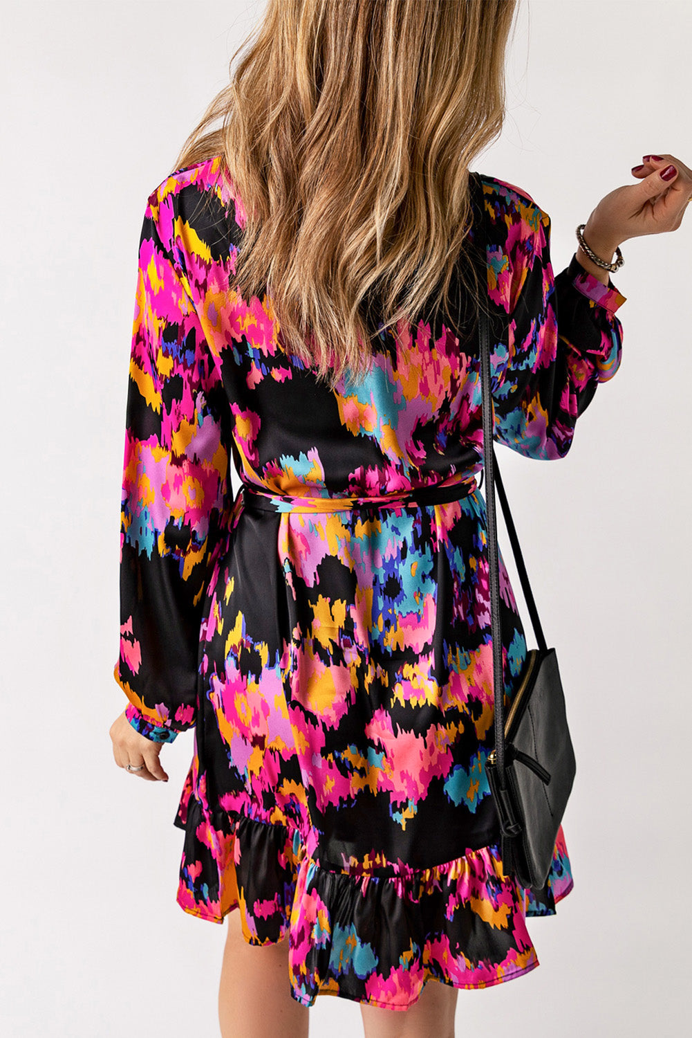 Abstract Print Ruffled Drawstring High Waist Mini Dress