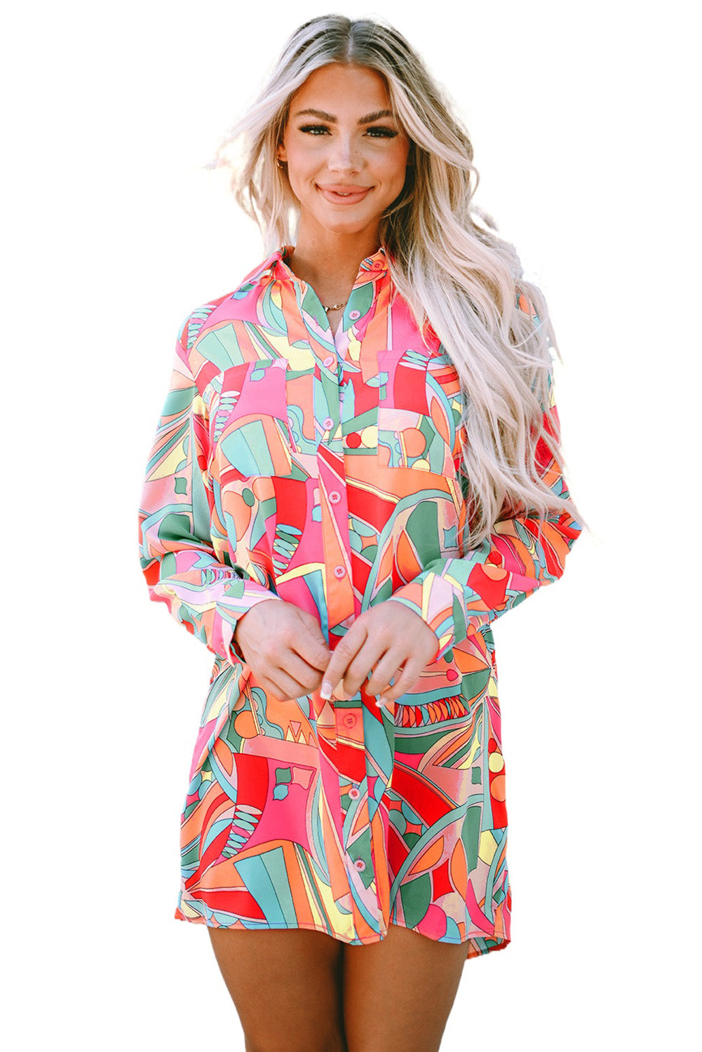 Abstract Geometry Print Half Puff Sleeve Loose Shirt